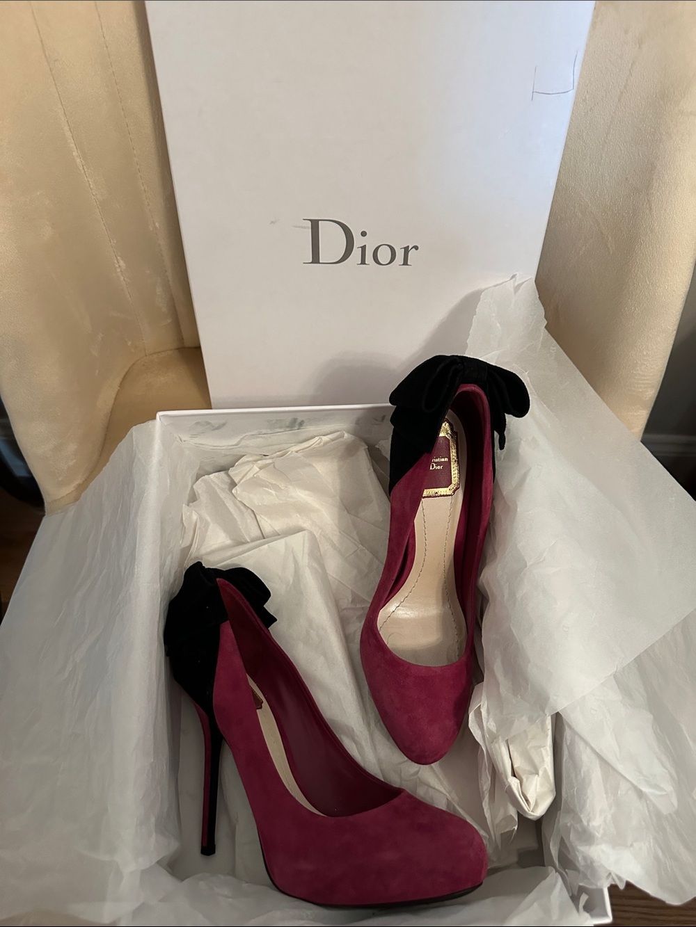 Dior Burgundy Suede Platform Pumps with Black Velvet Bow Size 37